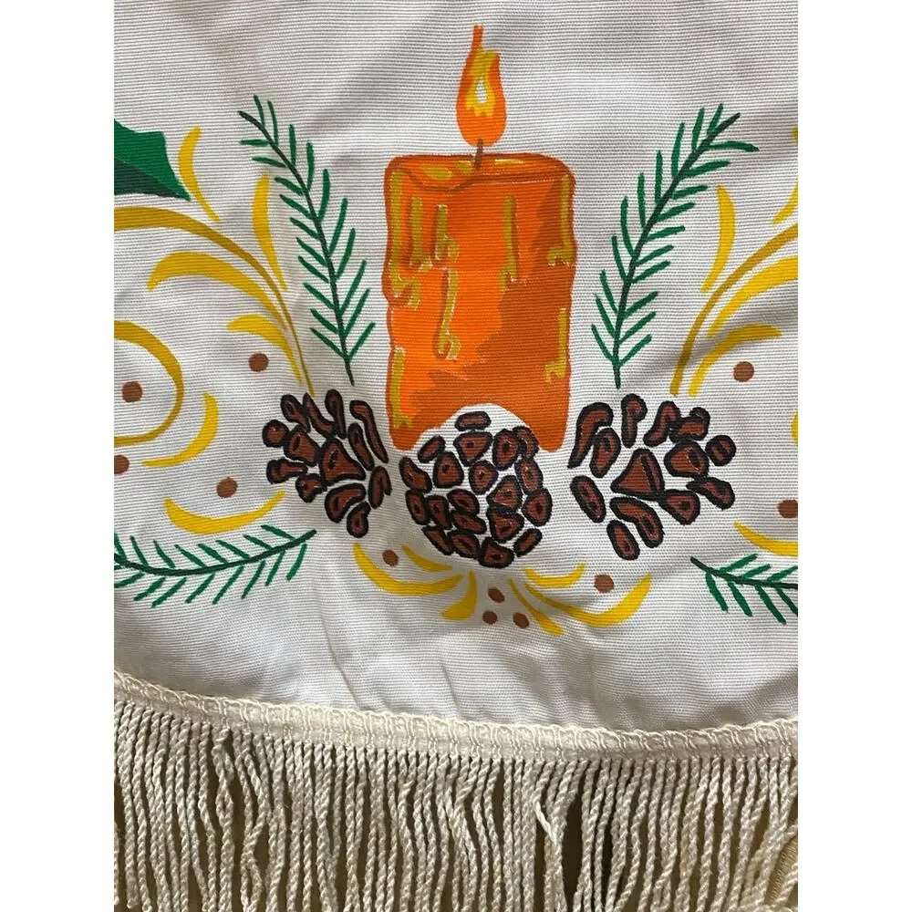 Vintage Christmas Tablecloth Oval Fringe MCM 76”x60 Candles Pinecones Holly